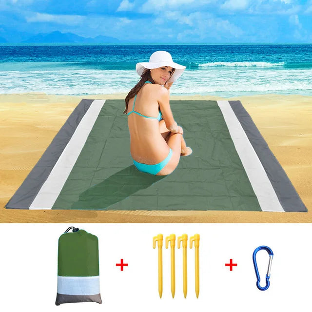 2x2.1m Waterproof Beach Blanket | Portable Sand-Free Picnic Mat with Anchors
