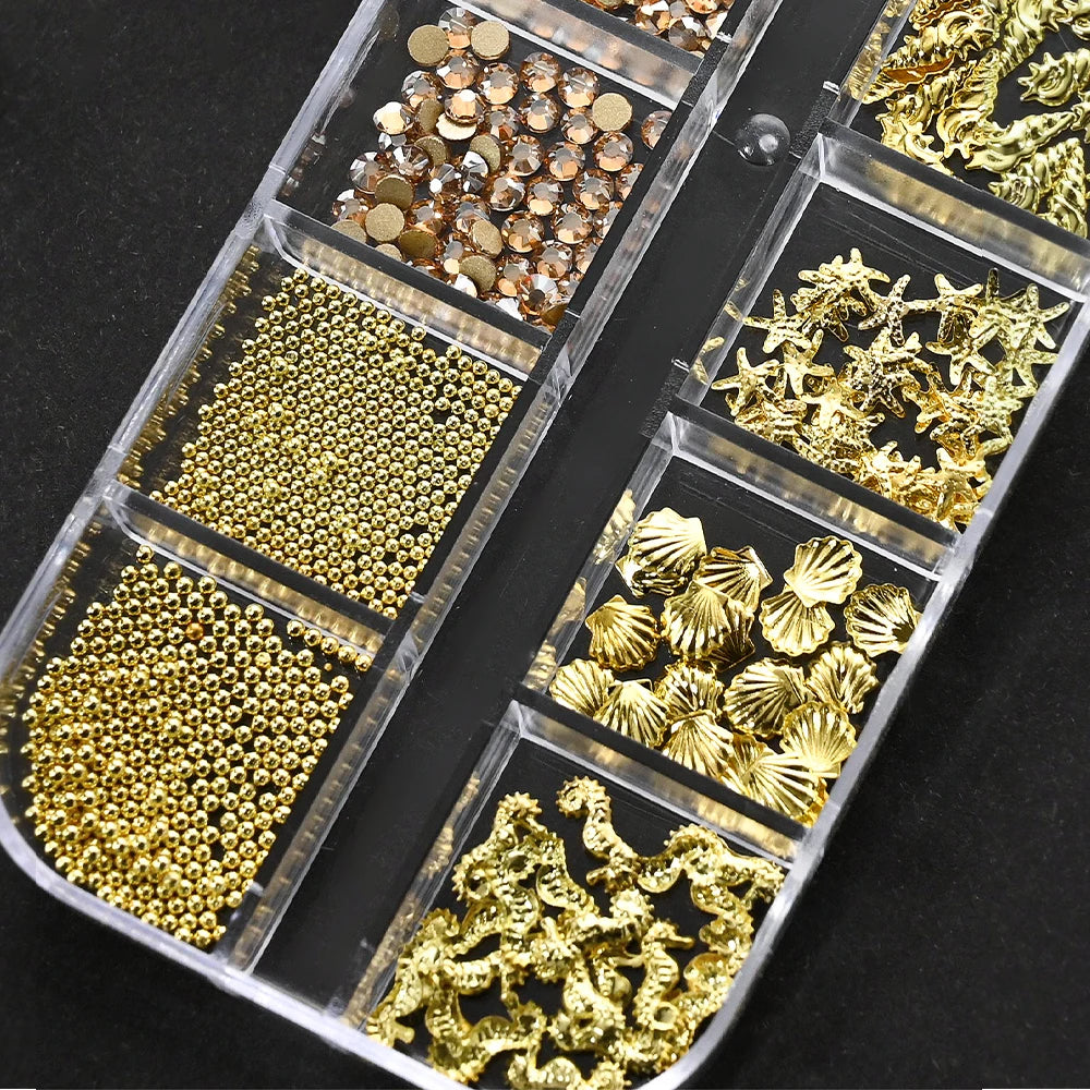 12-Grid Ocean Gold Nail Art Charms Set - Shell, Seahorse & Starfish with White Pearl Gems & Metal Studs