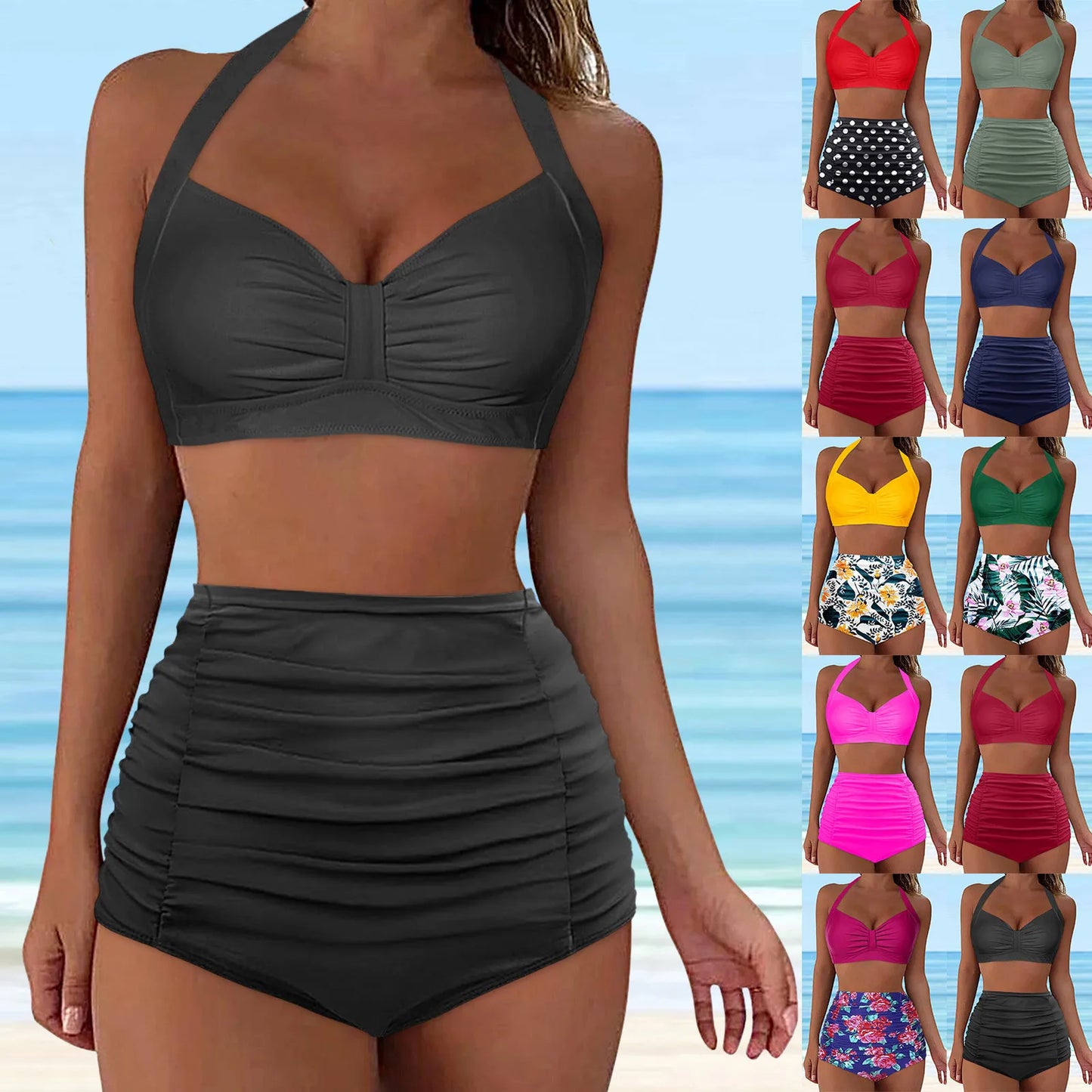 High Waisted Push-Up Tankini Set - Vintage Two-Piece Swimsuit with Underwire Support