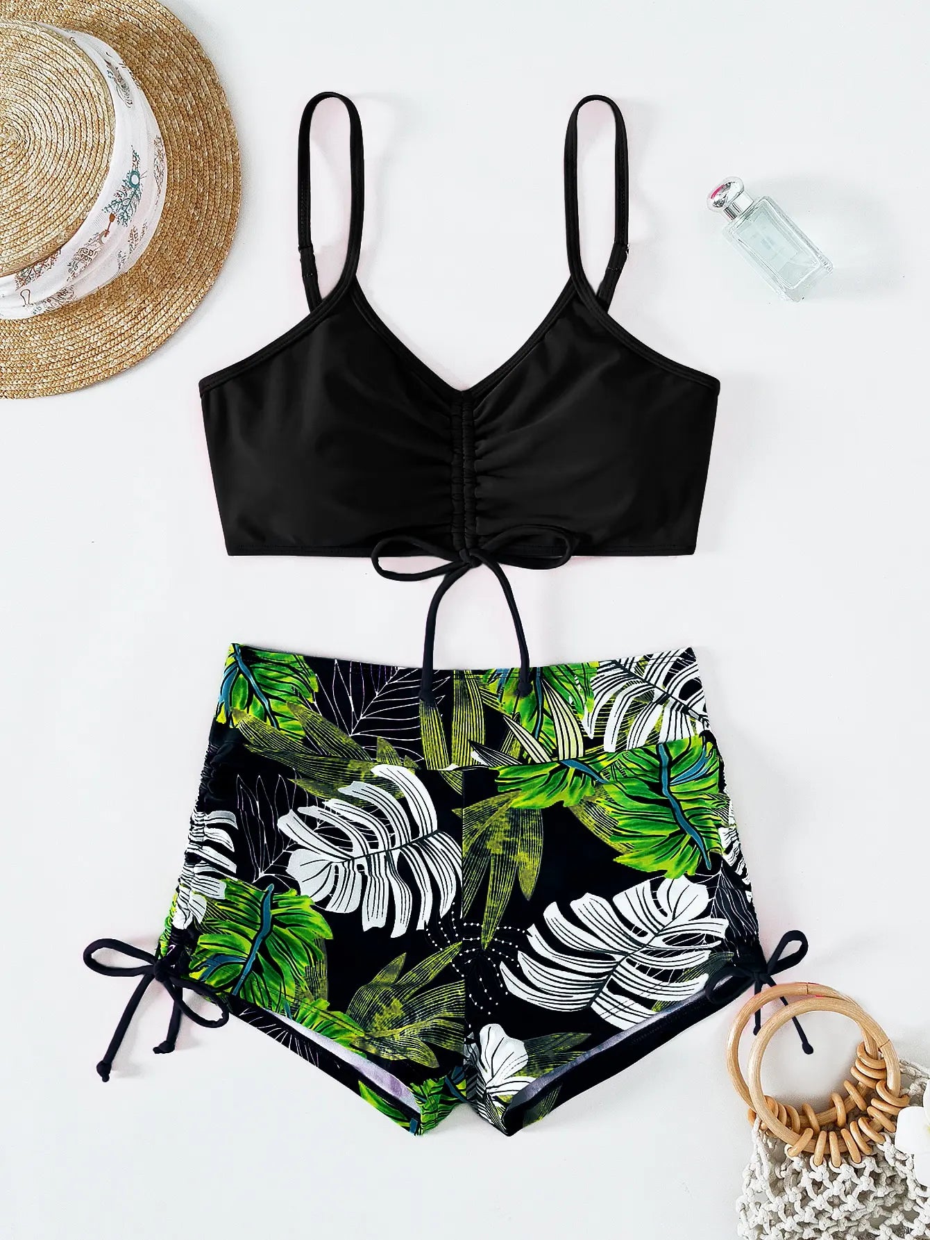 Drawstring Front Shorts Bikinis 2025 High Waist Swimsuit Women Swimwear Two-Piece Set