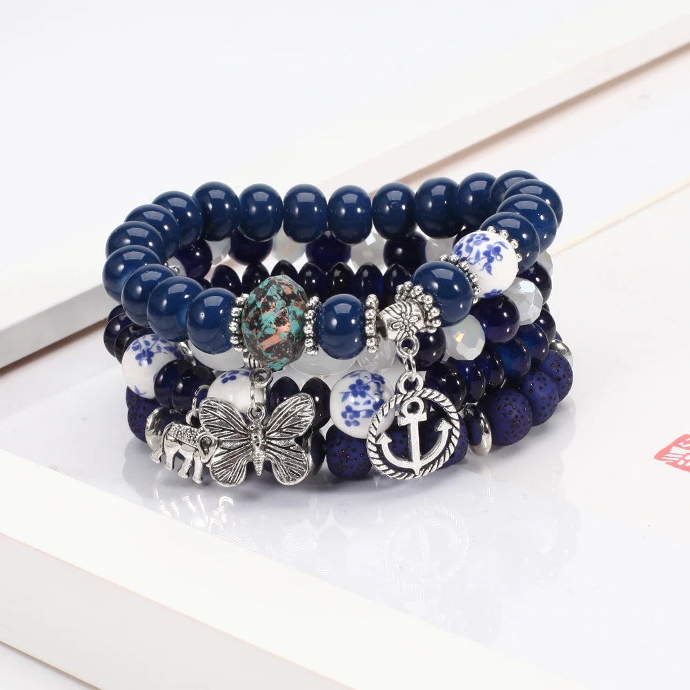 Bohemian Bracelets Set for Women - Stackable Butterfly Elephant Anchor Pendant Beads Bracelet Collection