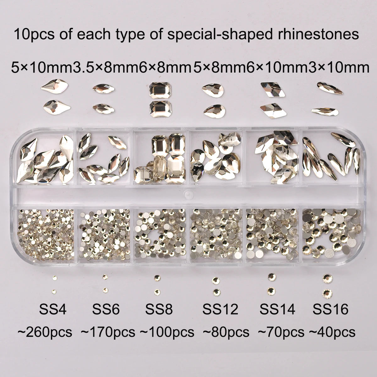 12-Grid Clear Crystal Nail Art Rhinestones Set - 780 Pieces Mixed Sizes 3D Glitter Gems for Professional Nail Decoration