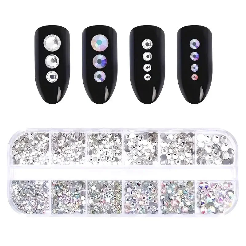 Boxed 3D Flat Back Nail Rhinestones Kit - Glass AB & Clear Crystal Gems DIY Manicure Nail Art Charms