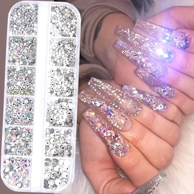 Boxed 3D Flat Back Nail Rhinestones Kit - Glass AB & Clear Crystal Gems DIY Manicure Nail Art Charms