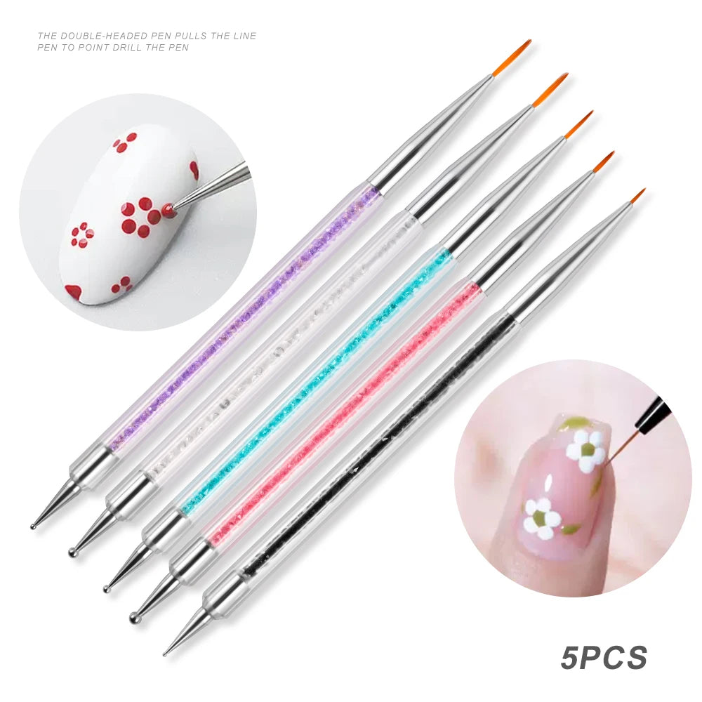 5Pcs Pink French Nail Art Liner Painting Brush Set - Ultra-thin 7/10/12/15/20m Elongated Lines Drawing Pen DIY Manicure