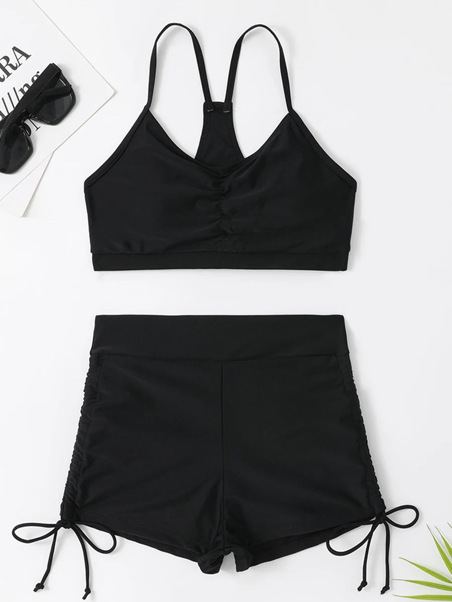 Drawstring Front Shorts Bikinis 2025 High Waist Swimsuit Women Swimwear Two-Piece Set