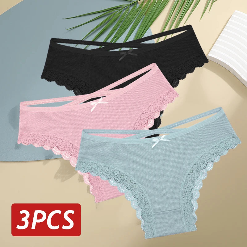 3PCS Women's Cotton Panties Set - Low Rise Lace Brazilian Bikini Underwear with Bow Detail (S-XL)