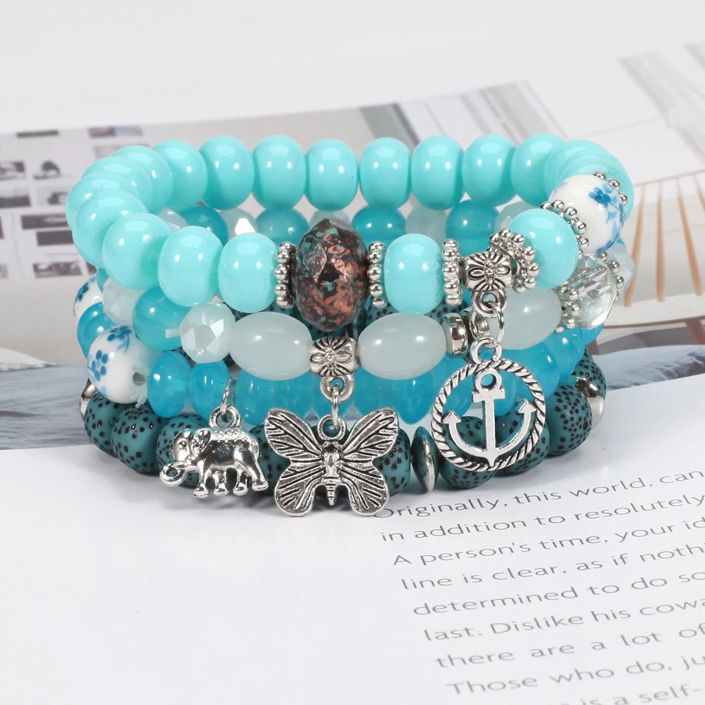 Bohemian Bracelets Set for Women - Stackable Butterfly Elephant Anchor Pendant Beads Bracelet Collection