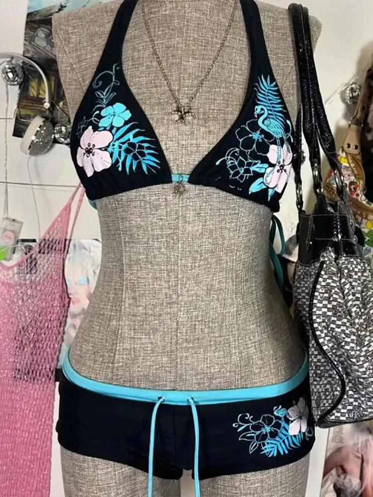Sexy Floral Print Lace-Up Backless Bikini Set - High Waist Two-Piece Swimsuit (S-L)