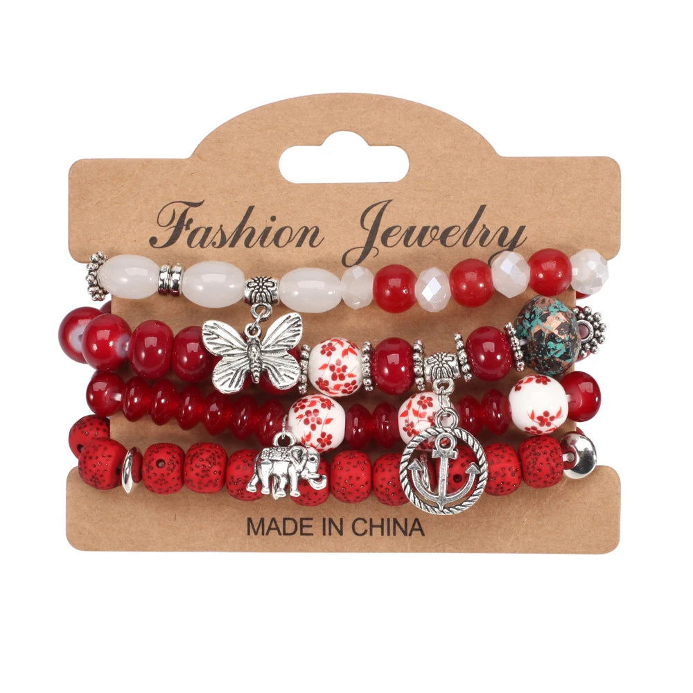 Bohemian Bracelets Set for Women - Stackable Butterfly Elephant Anchor Pendant Beads Bracelet Collection