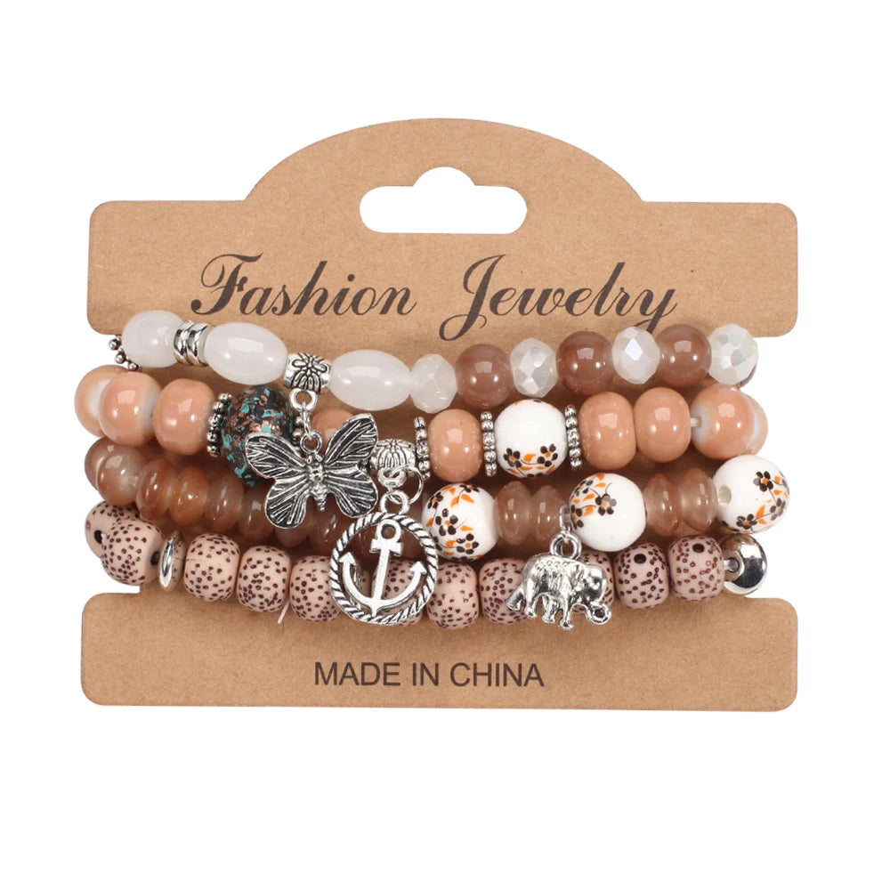 Bohemian Bracelets Set for Women - Stackable Butterfly Elephant Anchor Pendant Beads Bracelet Collection