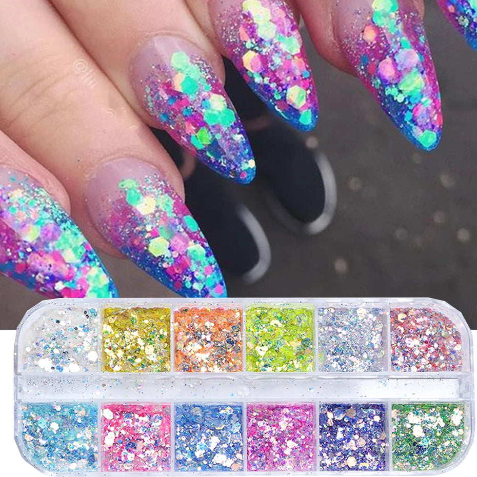 Mirror Iridescent Mixed Hexagon Nail Glitter Sequins Set - 12 Grids Holographic Spangles Flakes Nail Art Powder