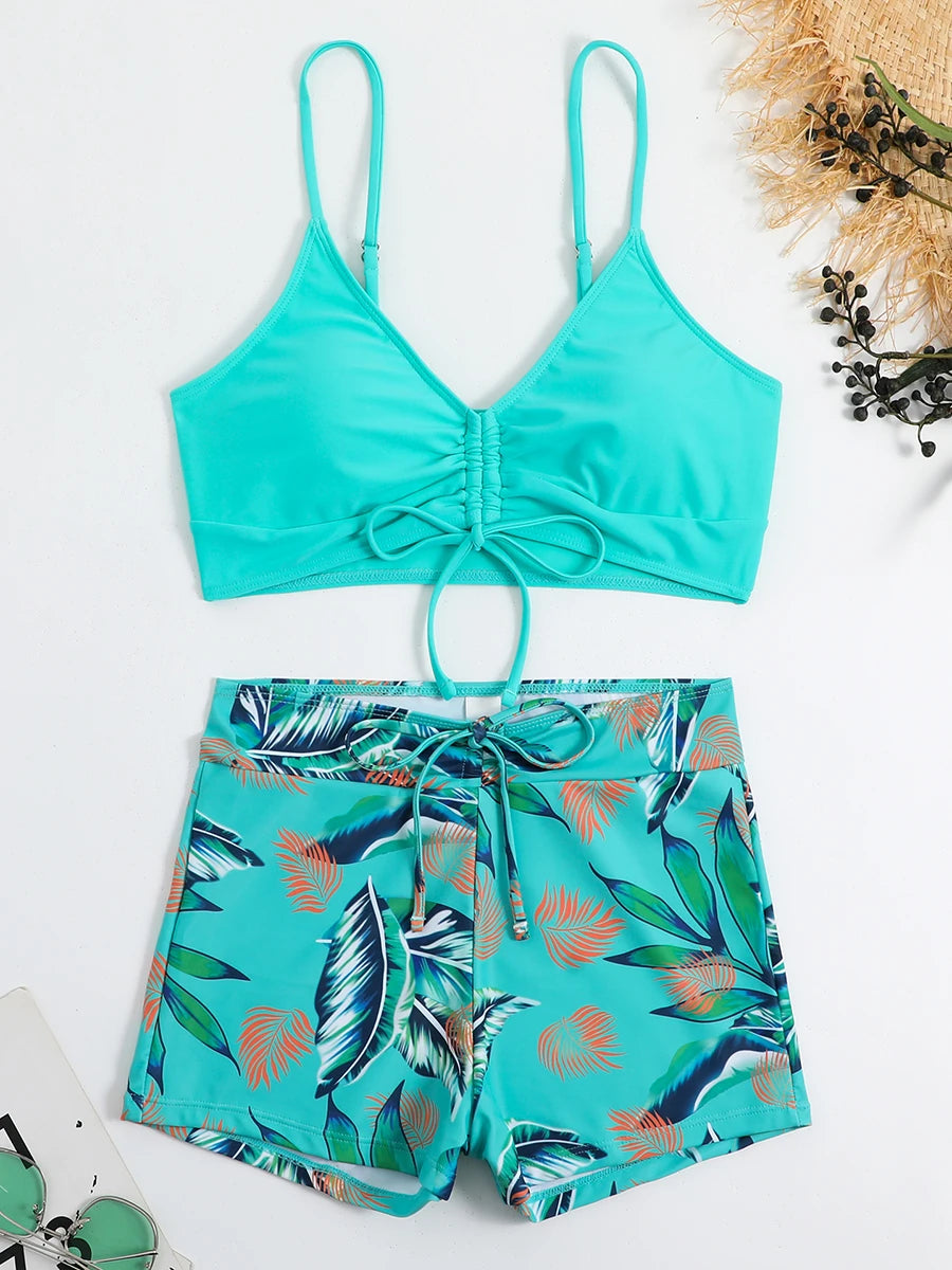 Drawstring Front Shorts Bikinis 2025 High Waist Swimsuit Women Swimwear Two-Piece Set