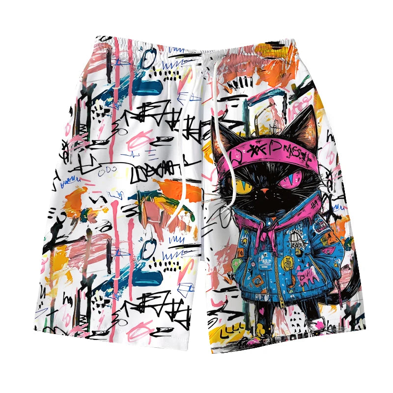 Men's Hawaiian Swimming Trunks - 3D Graffiti Kitten Macaron Print