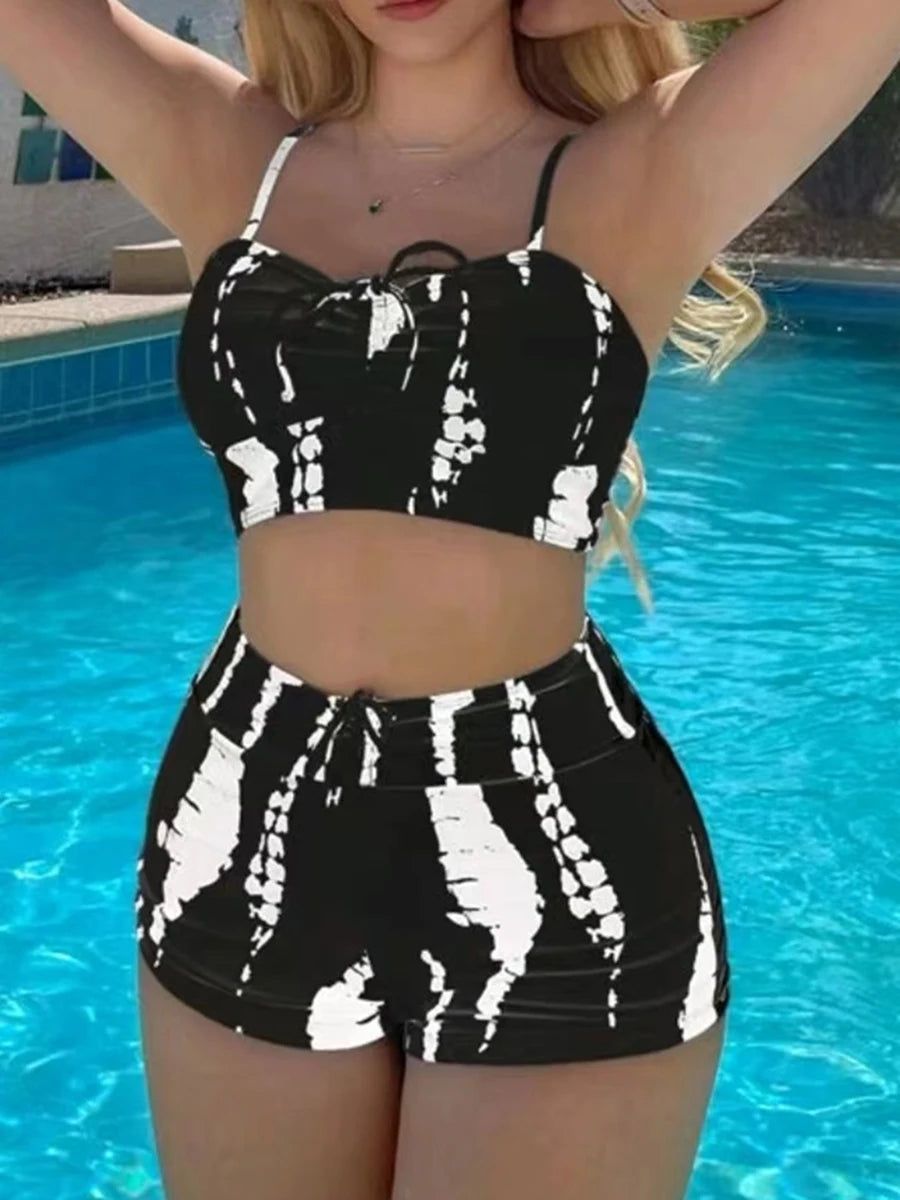 Drawstring Front Shorts Bikinis 2025 High Waist Swimsuit Women Swimwear Two-Piece Set