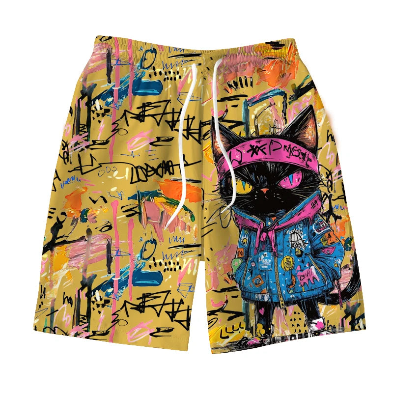Men's Hawaiian Swimming Trunks - 3D Graffiti Kitten Macaron Print