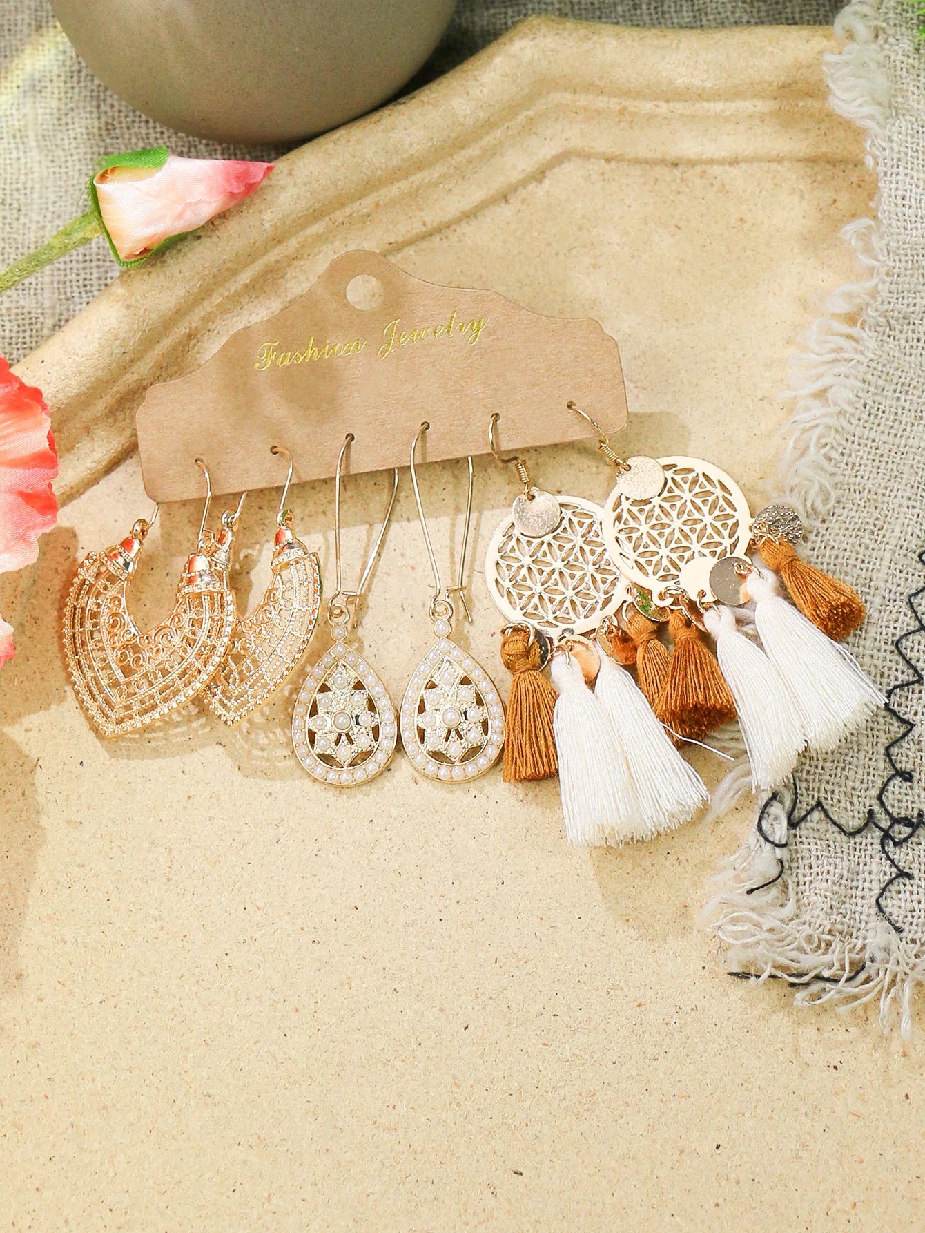 Trendy Golden Circle White Tassel Shell Earrings & Ear Studs Combination Set - Versatile Fresh Fashion Jewelry for Women
