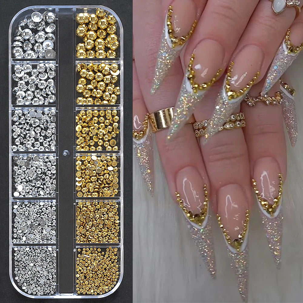 12-Grid Ocean Gold Nail Art Charms Set - Shell, Seahorse & Starfish with White Pearl Gems & Metal Studs