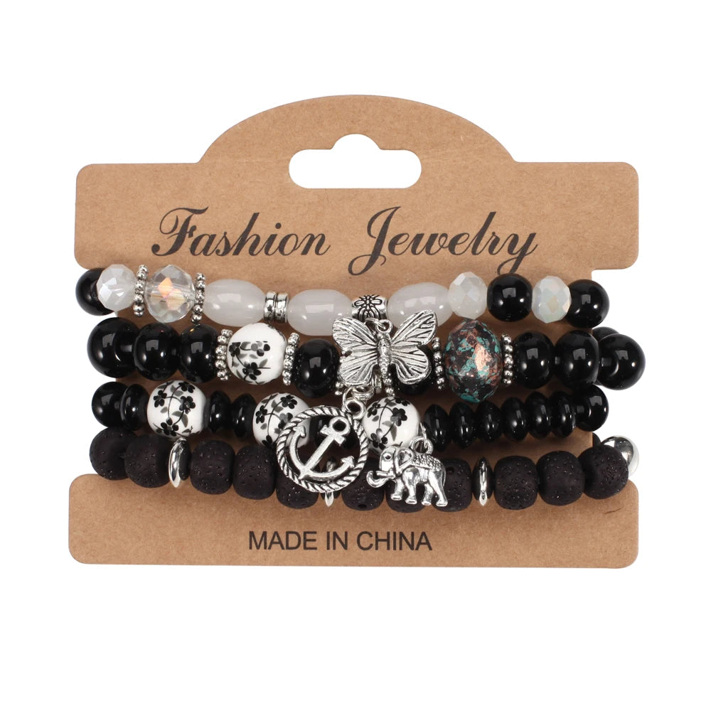 Bohemian Bracelets Set for Women - Stackable Butterfly Elephant Anchor Pendant Beads Bracelet Collection