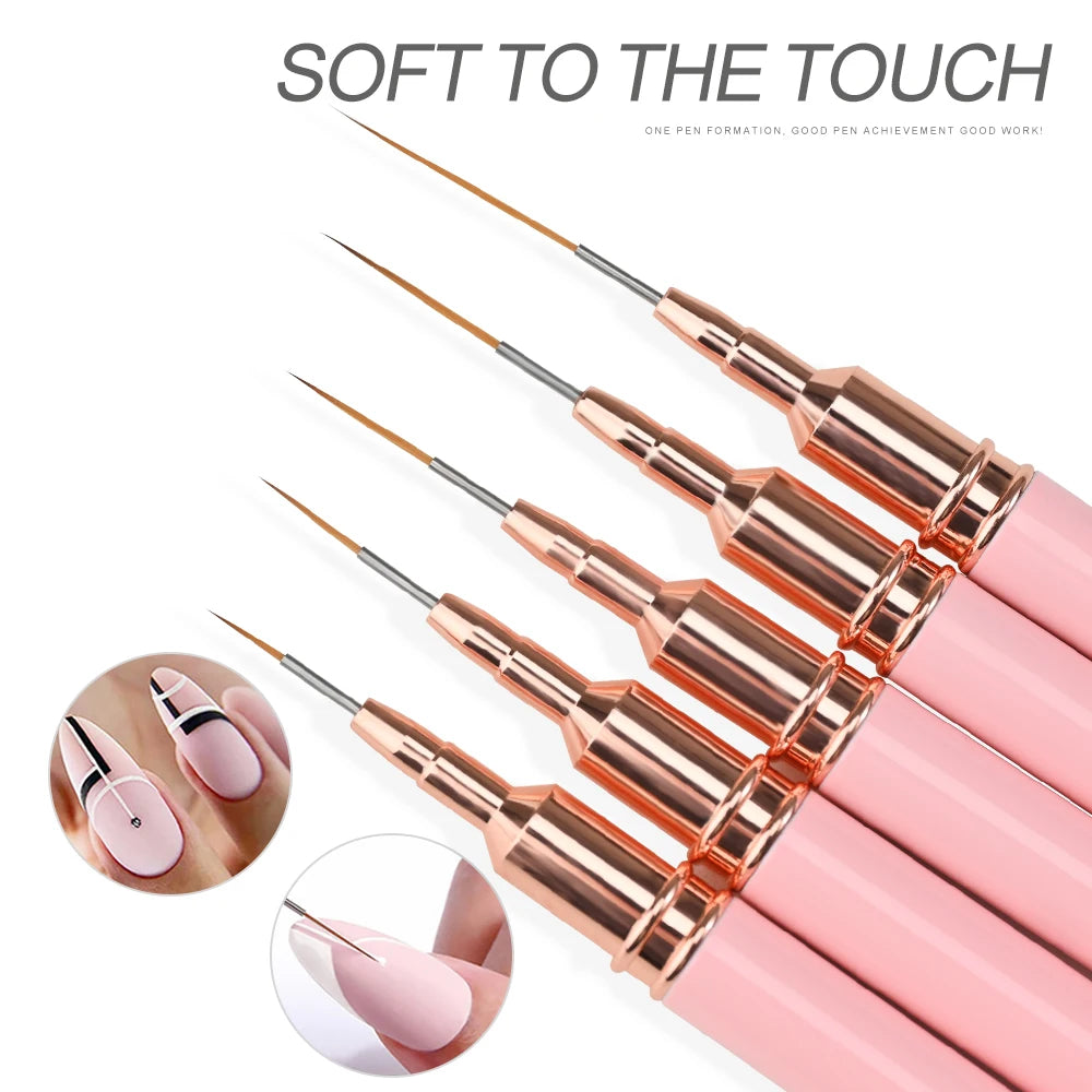 5Pcs Pink French Nail Art Liner Painting Brush Set - Ultra-thin 7/10/12/15/20m Elongated Lines Drawing Pen DIY Manicure