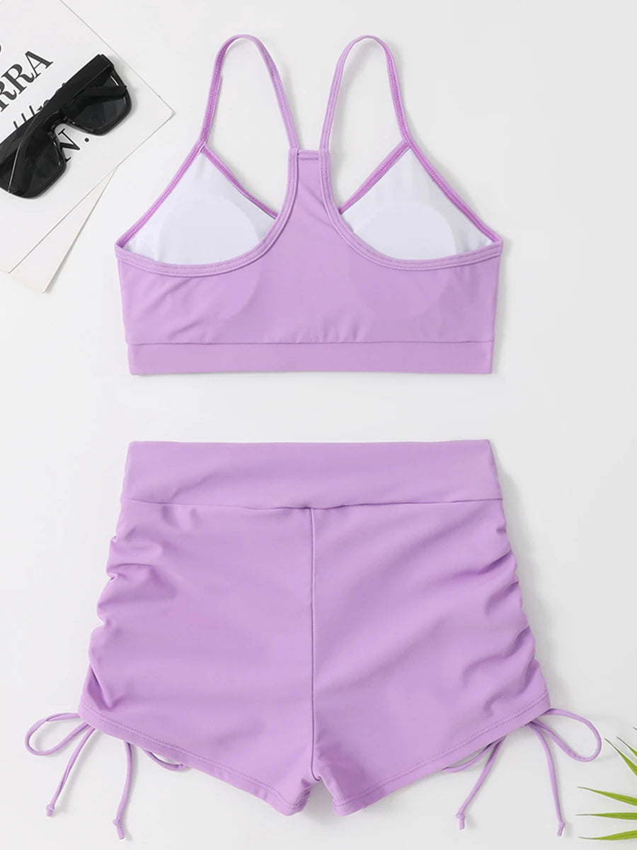 Drawstring Front Shorts Bikinis 2025 High Waist Swimsuit Women Swimwear Two-Piece Set