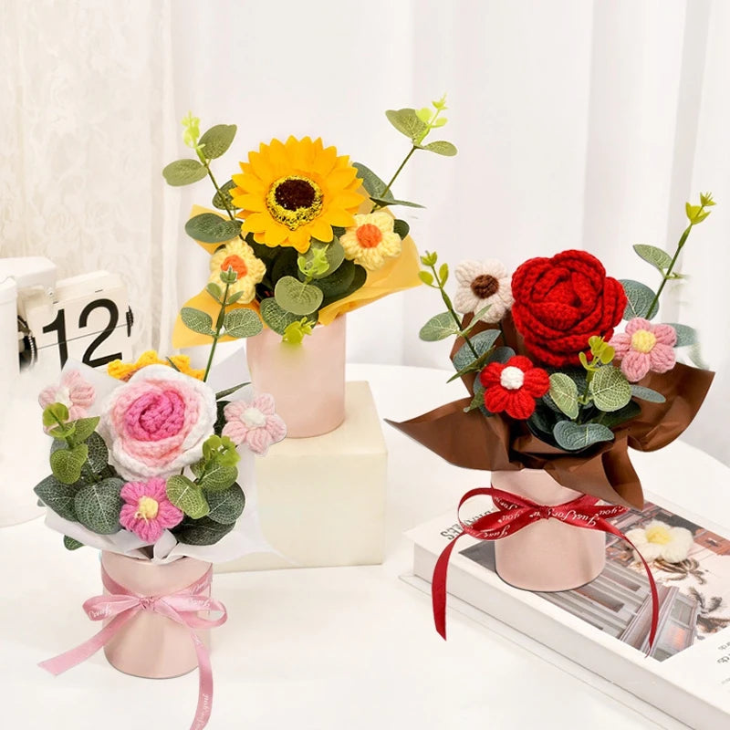 Crochet Rose Bouquet in Hugging Bucket | Perfect Gift for Teachers, Birthdays, Mother's Day & More
