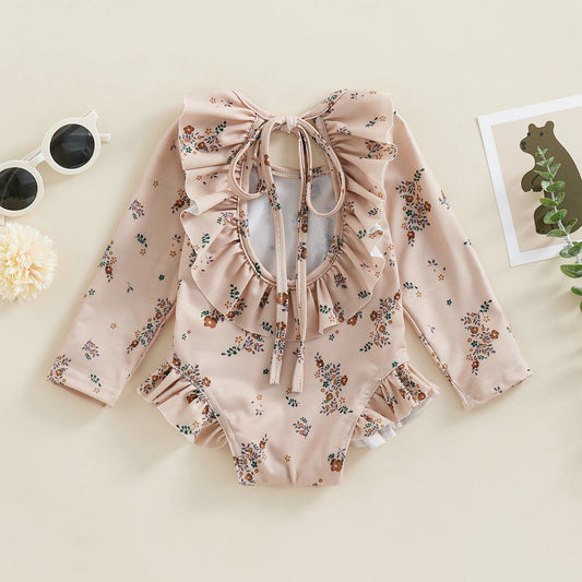 Baby Girl Floral Swimsuit - Backless Ruffled Long Sleeve Bodysuit (0-4 Years)