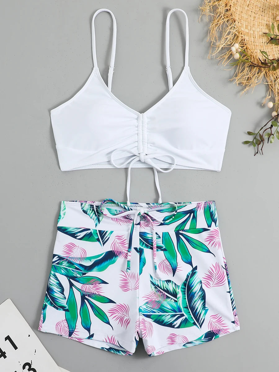 Drawstring Front Shorts Bikinis 2025 High Waist Swimsuit Women Swimwear Two-Piece Set