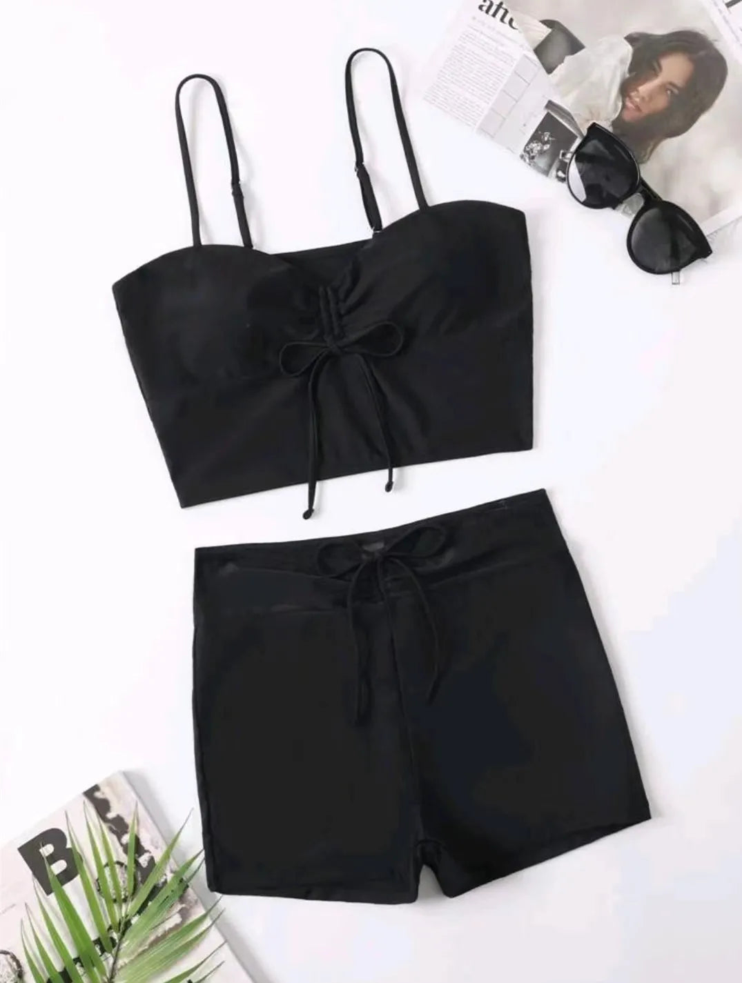 Drawstring Front Shorts Bikinis 2025 High Waist Swimsuit Women Swimwear Two-Piece Set