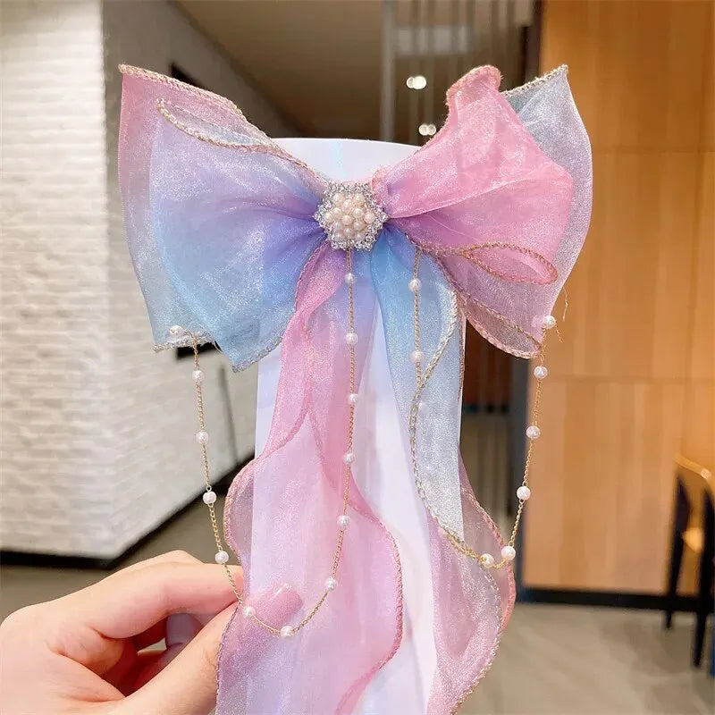 Elegant Mesh Gradient Bow Hair Clips with Tassels - Decorative Barrettes for Girls - Holiday Party Hair Accessories