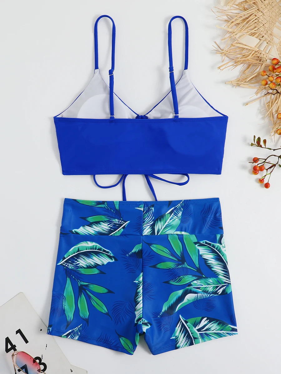 Drawstring Front Shorts Bikinis 2025 High Waist Swimsuit Women Swimwear Two-Piece Set