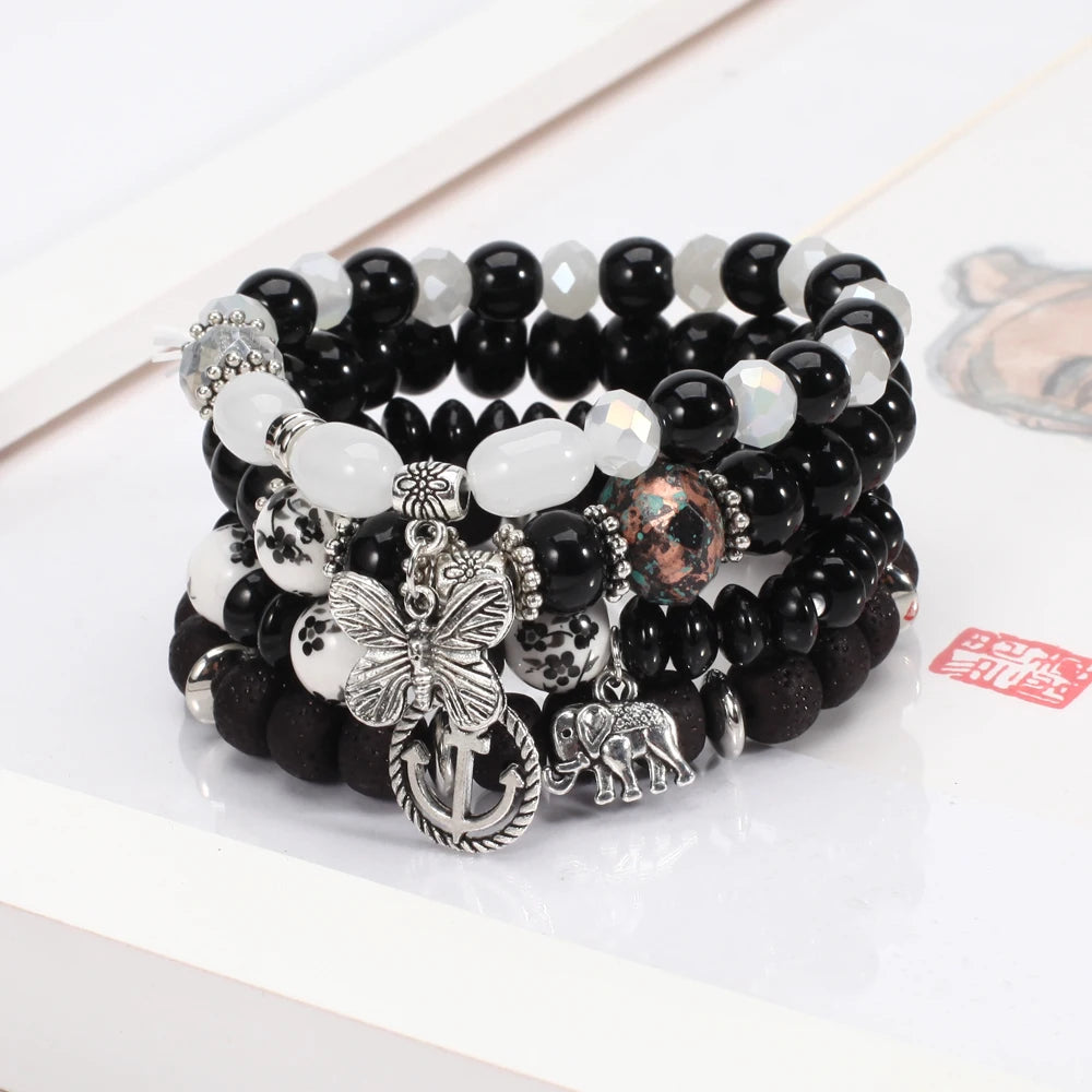 Bohemian Bracelets Set for Women - Stackable Butterfly Elephant Anchor Pendant Beads Bracelet Collection