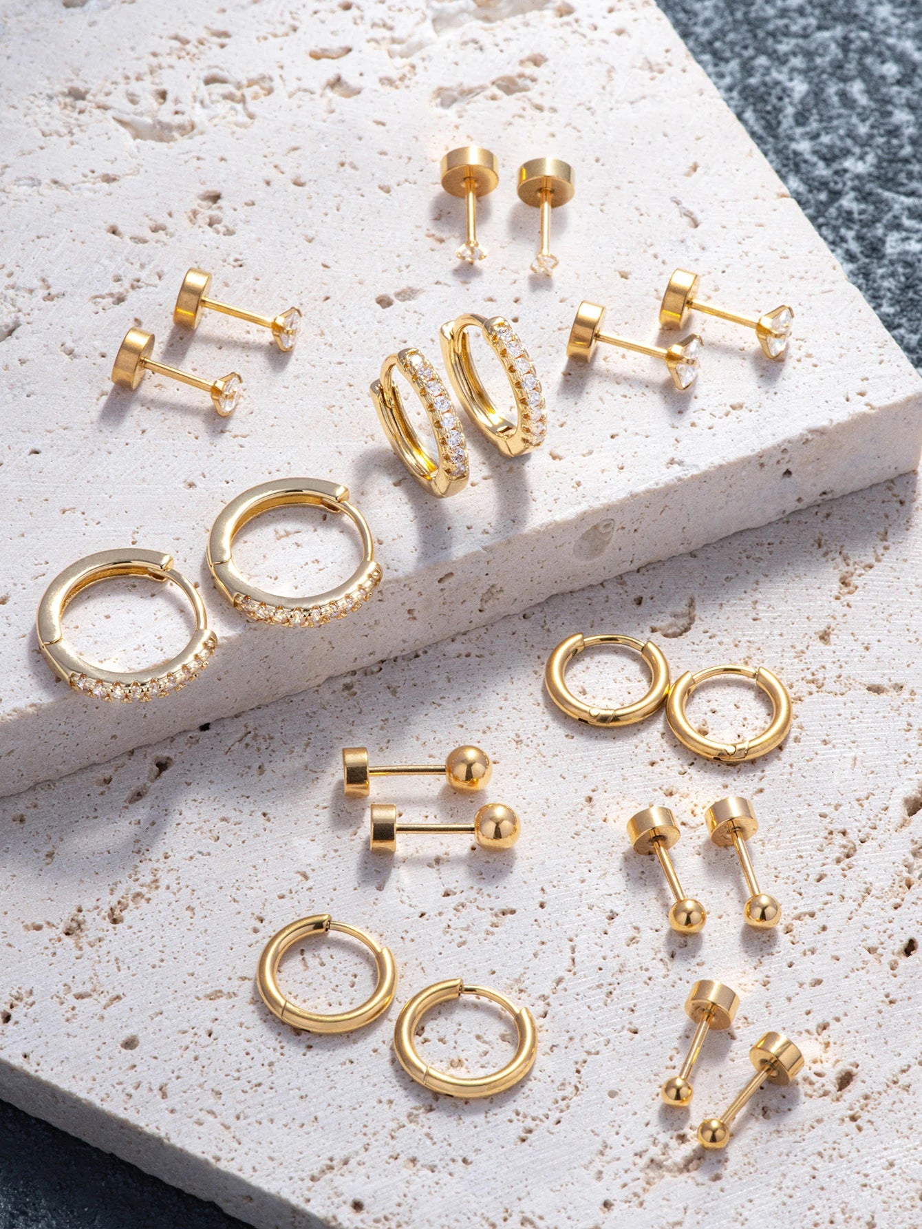 10 Pairs Tiny Gold Hoop Earrings Set - 18K Gold Plated Stainless Steel Studs for Multiple Piercings