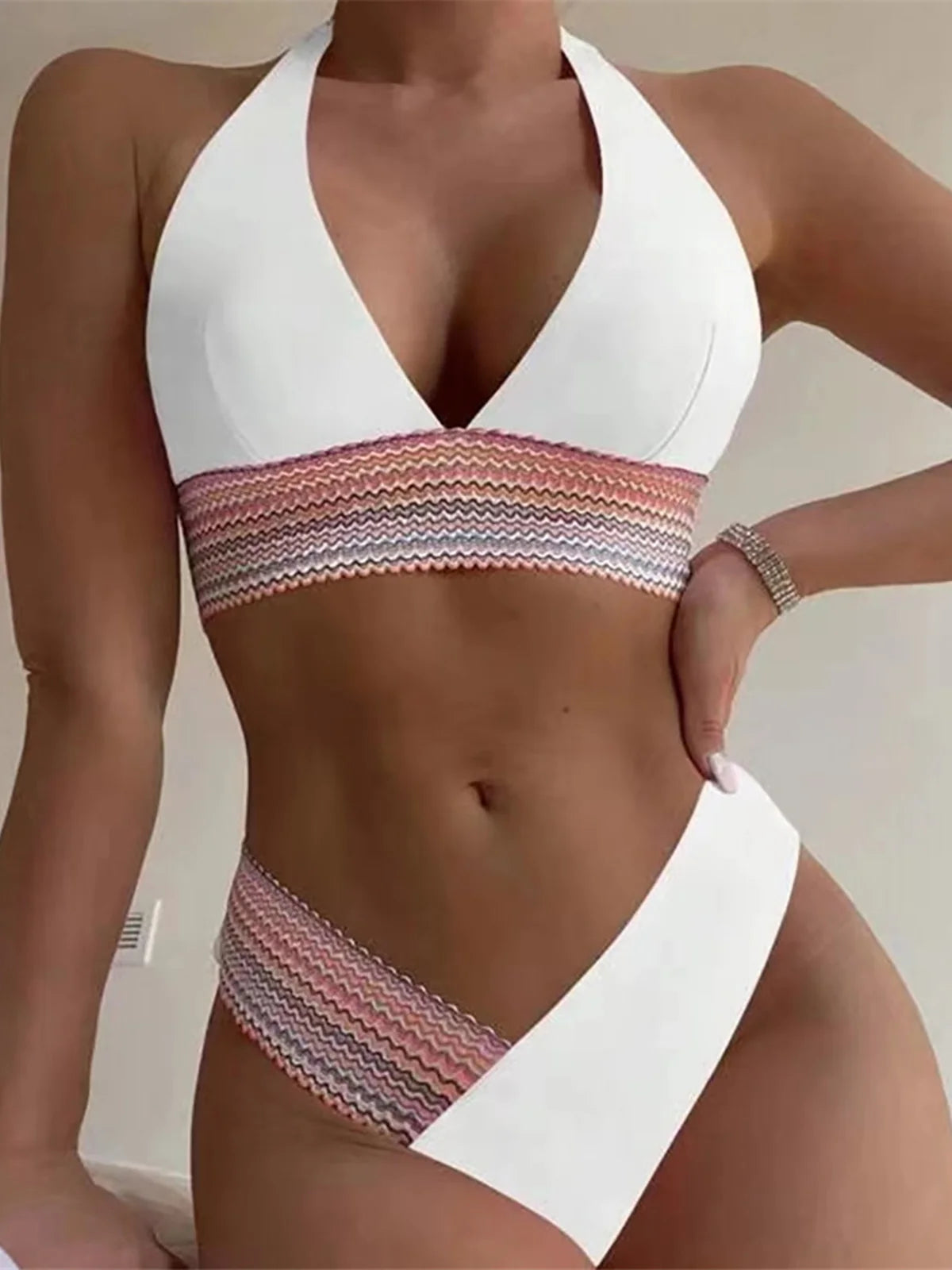 5-Color Splicing Halter V-Neck Bikini Set - Wire-Free Two-Piece Swimsuit (S-XL)