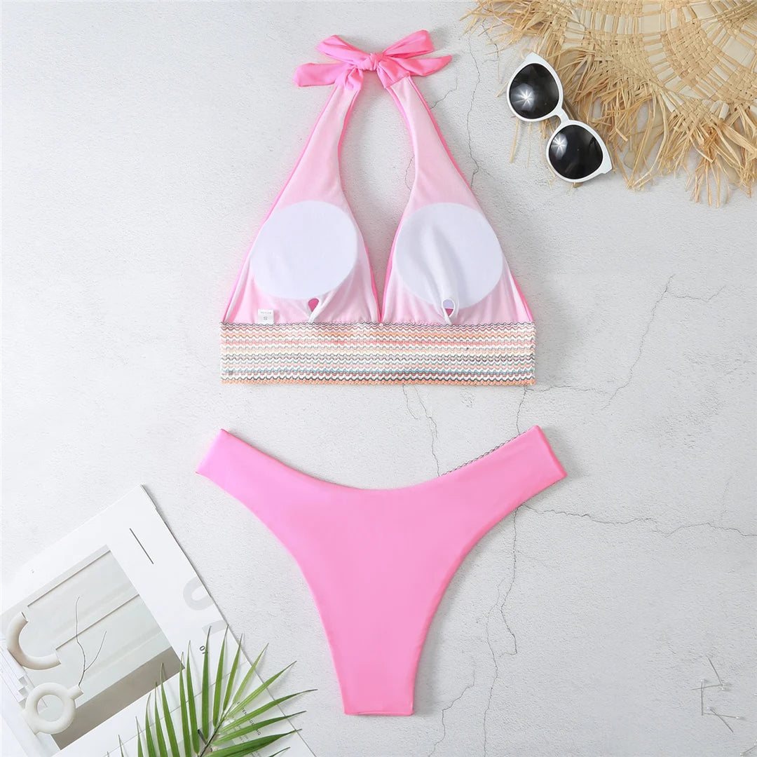 5-Color Splicing Halter V-Neck Bikini Set - Wire-Free Two-Piece Swimsuit (S-XL)