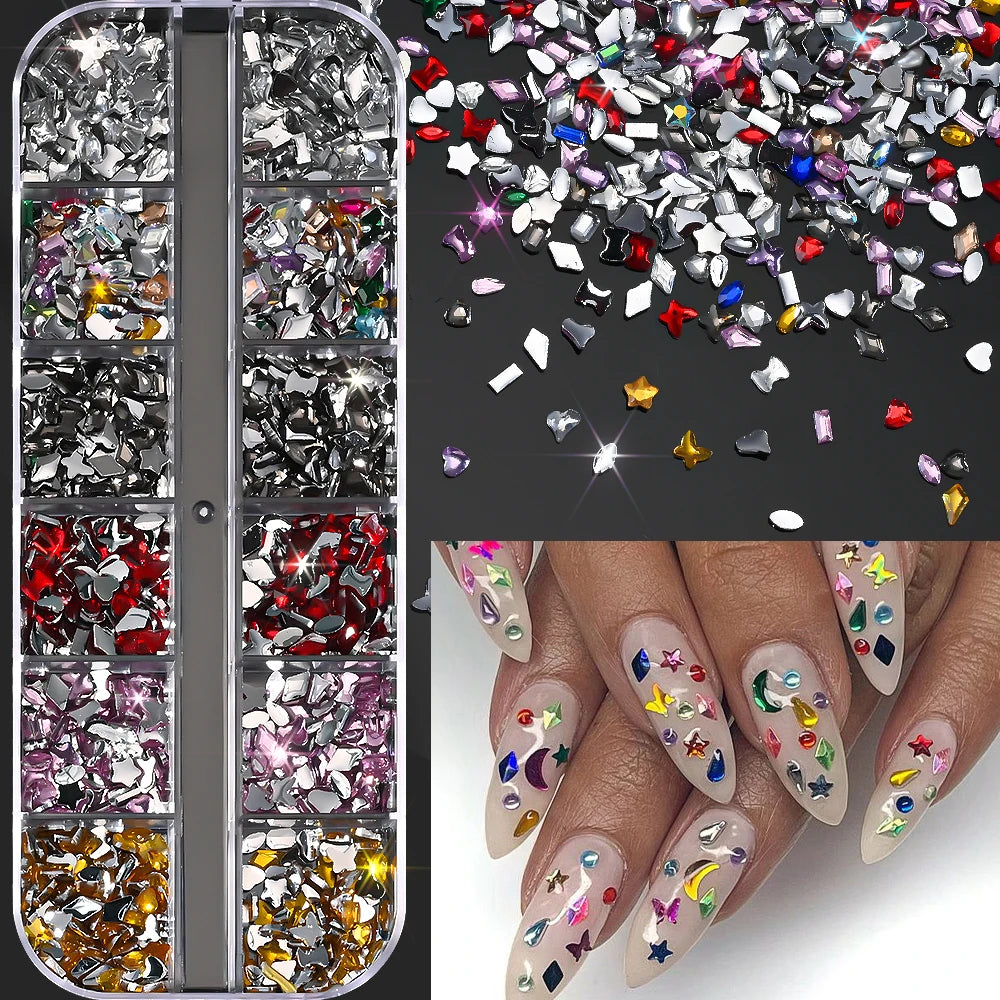 12-Grid Ocean Gold Nail Art Charms Set - Shell, Seahorse & Starfish with White Pearl Gems & Metal Studs