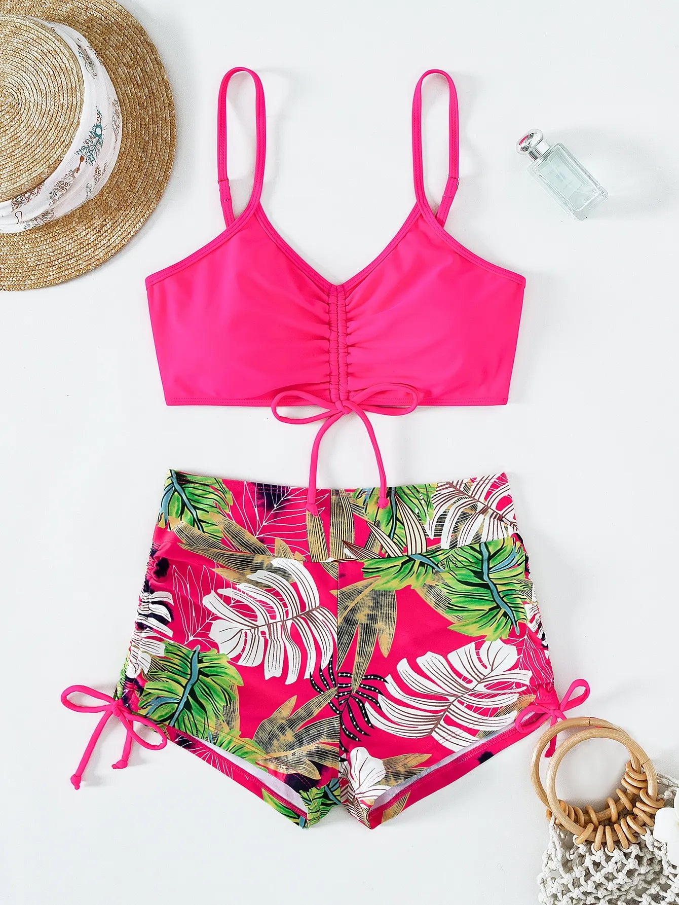 Drawstring Front Shorts Bikinis 2025 High Waist Swimsuit Women Swimwear Two-Piece Set