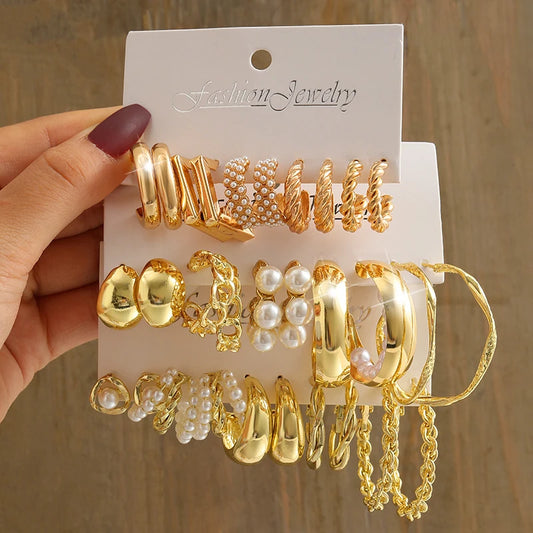 Gold Color Vintage Geometry Pearl Earrings Set - Metal Twine Square Dangle & Round Stud Earrings for Women