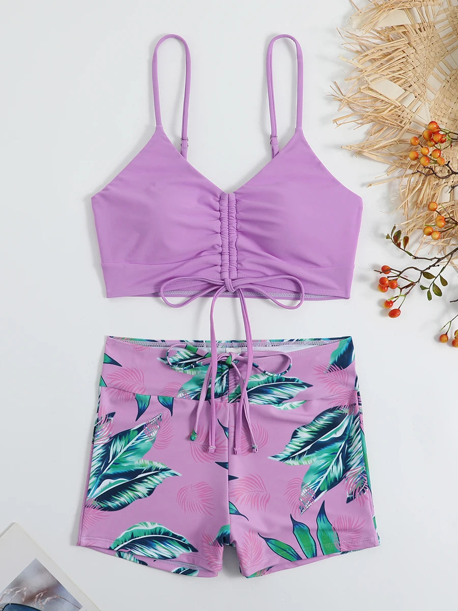 Drawstring Front Shorts Bikinis 2025 High Waist Swimsuit Women Swimwear Two-Piece Set