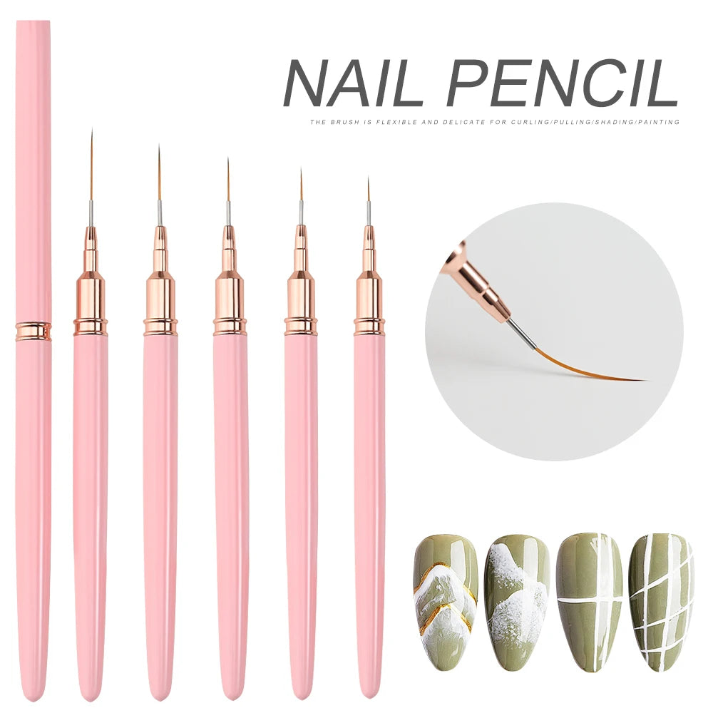 5Pcs Pink French Nail Art Liner Painting Brush Set - Ultra-thin 7/10/12/15/20m Elongated Lines Drawing Pen DIY Manicure
