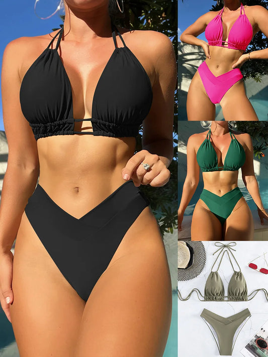 Nylon Solid Bikini Swimwear Sexy Fashion High Waist Two-Piece Swimsuit 2025 New Style