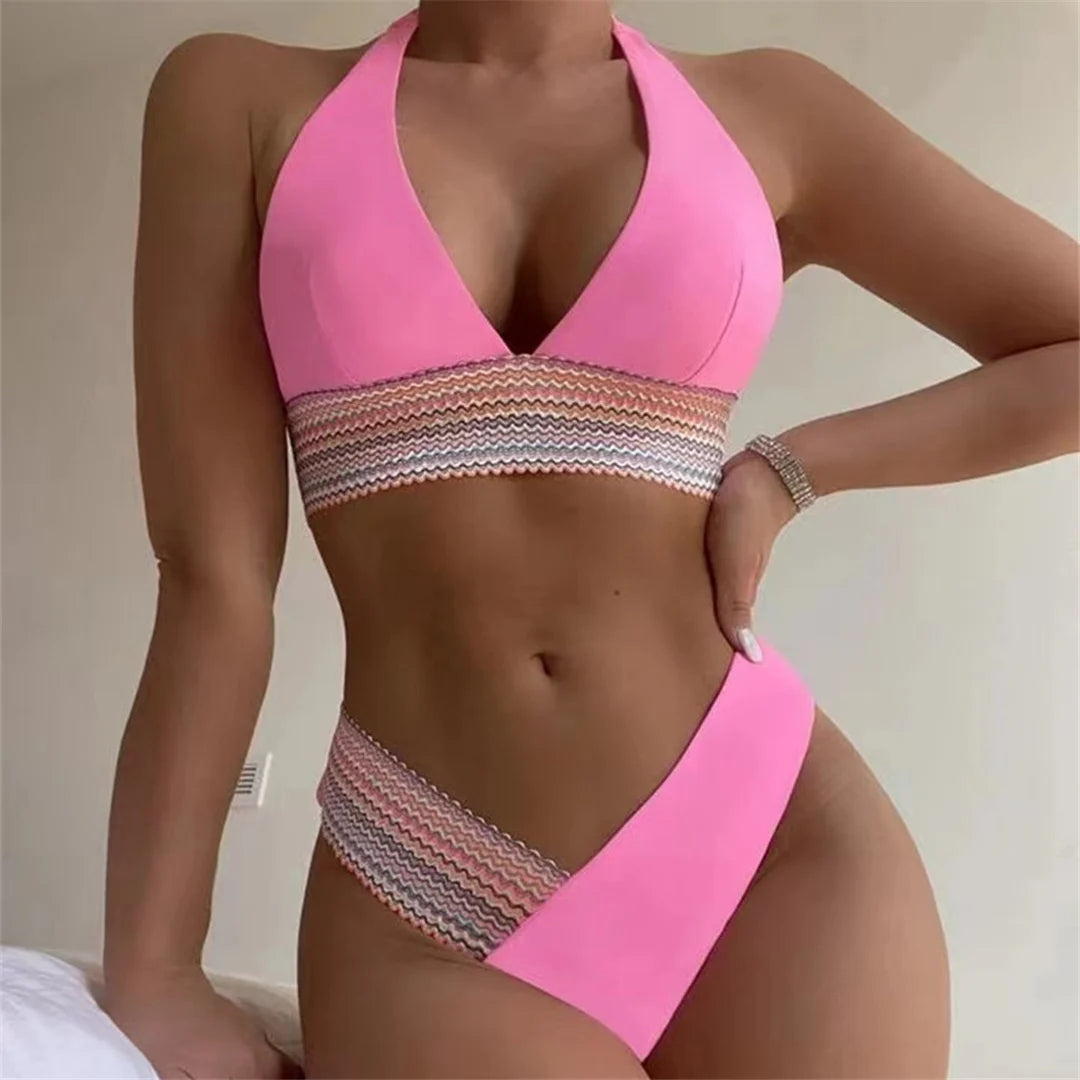 5-Color Splicing Halter V-Neck Bikini Set - Wire-Free Two-Piece Swimsuit (S-XL)