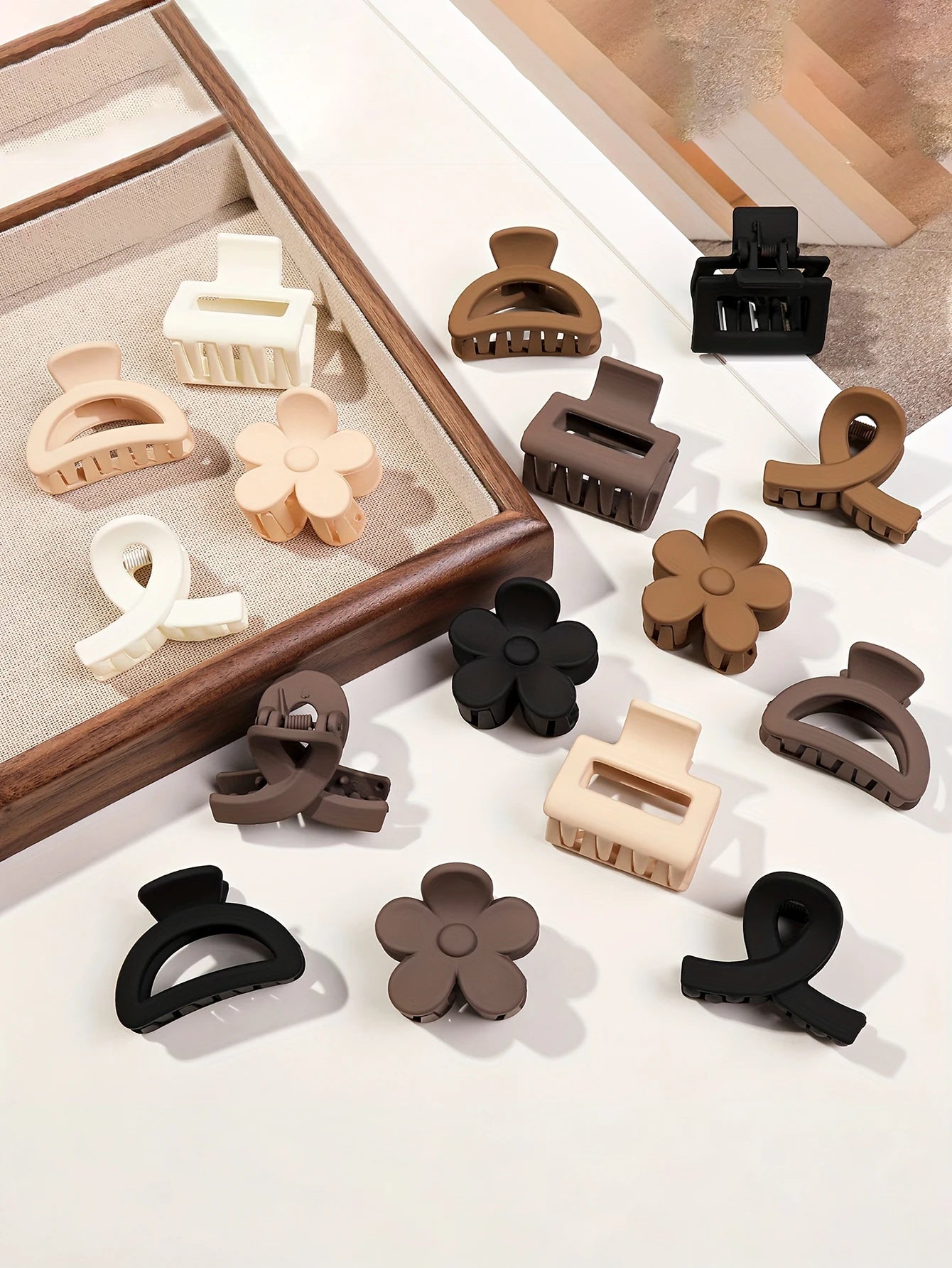 5-Piece Small Flower Hair Claw Clips Set - Matte Rectangle Jaw Clips & Semicircle Barrettes for Thin Hair