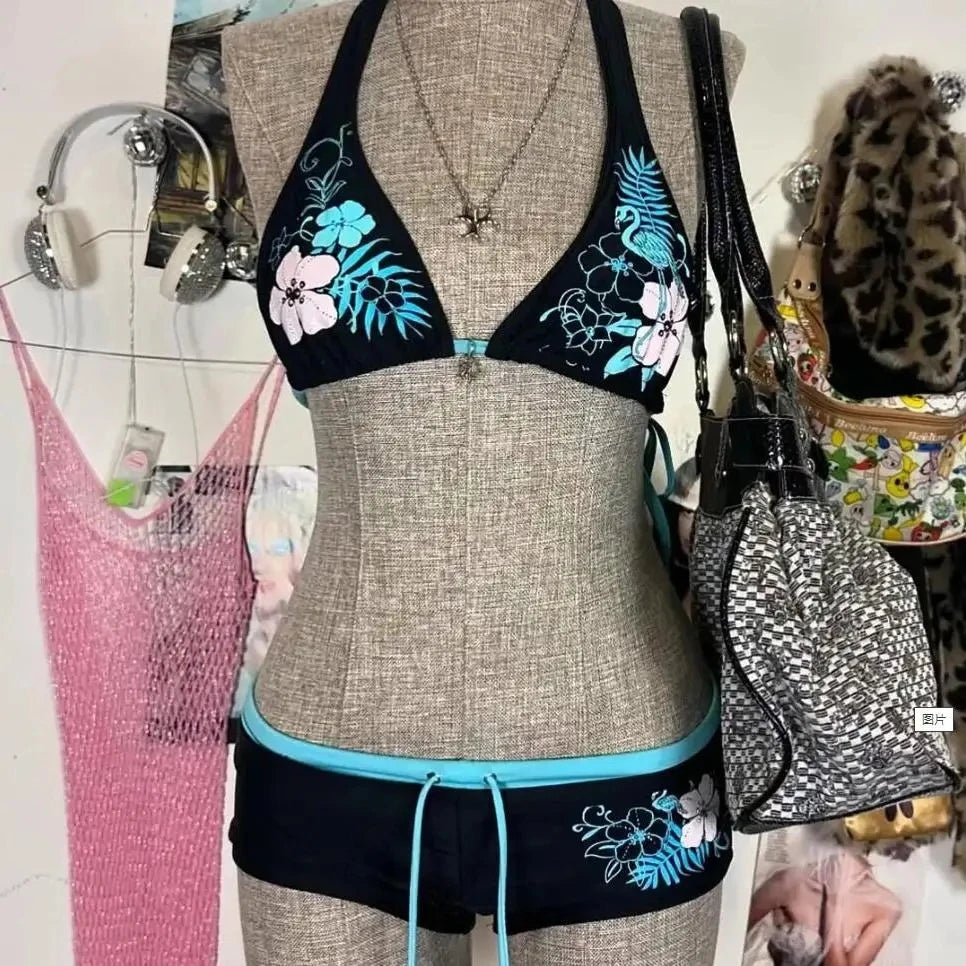 Sexy Floral Print Lace-Up Backless Bikini Set - High Waist Two-Piece Swimsuit (S-L)