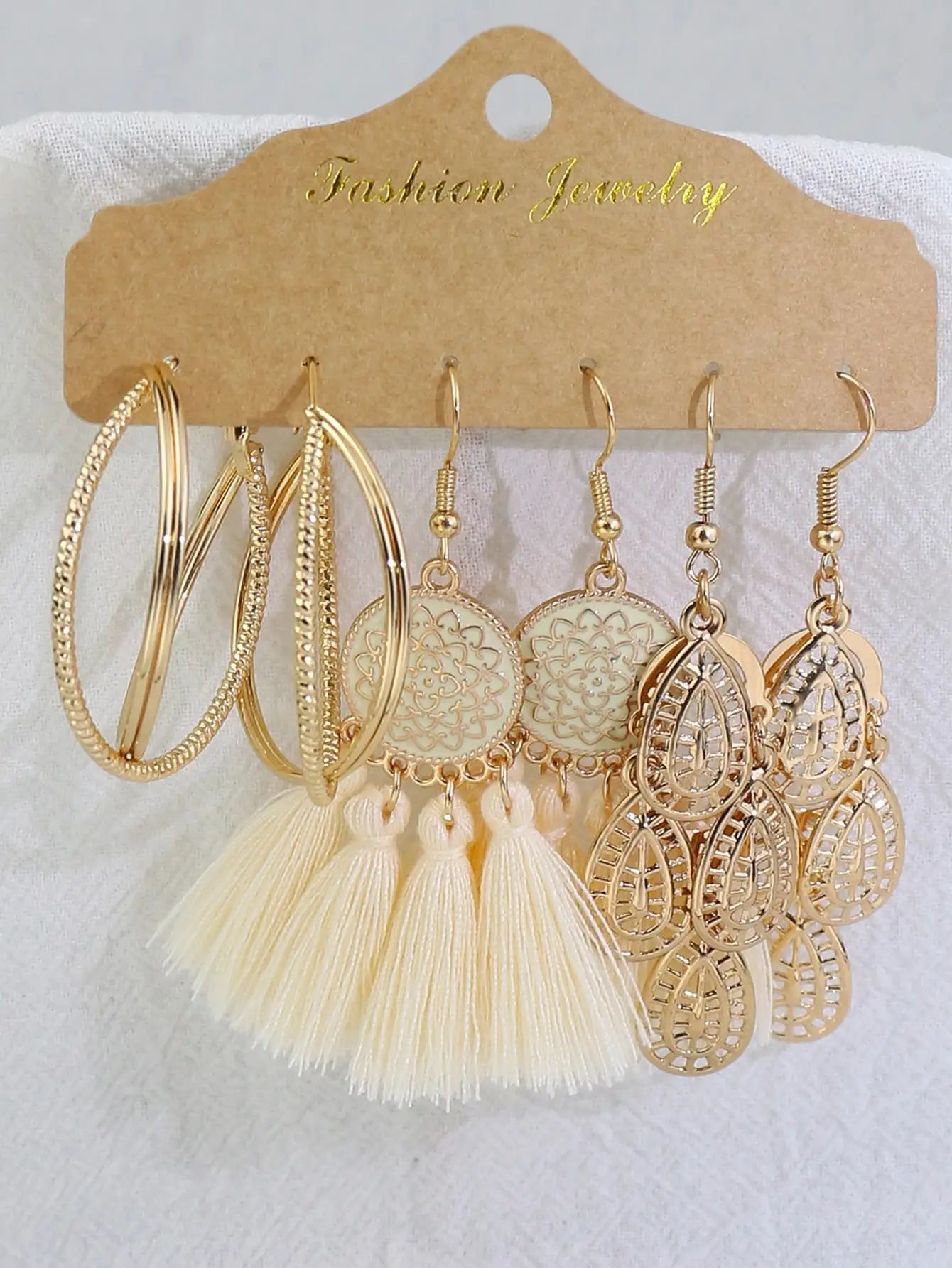 Trendy Golden Circle White Tassel Shell Earrings & Ear Studs Combination Set - Versatile Fresh Fashion Jewelry for Women
