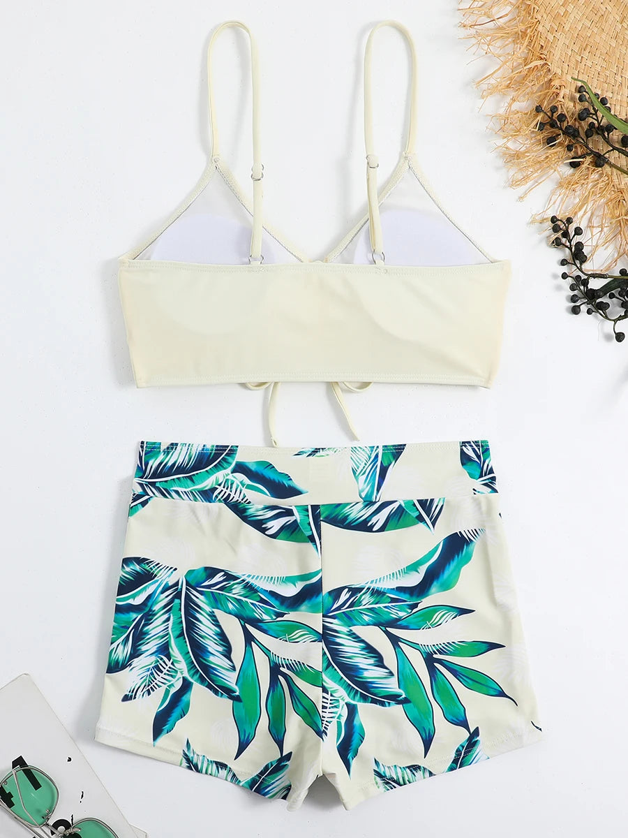 Drawstring Front Shorts Bikinis 2025 High Waist Swimsuit Women Swimwear Two-Piece Set