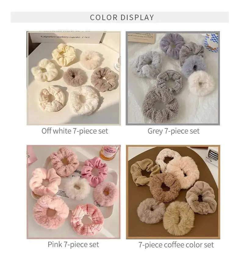 7 Piece Women's Plush Hair Scrunchies Set - Solid Color Cotton Blend Ponytail Holders & Hair Ties