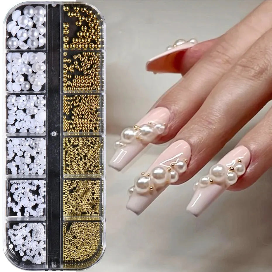 12-Grid White Pearl Nail Charms Set - Caviar Beads & Half Pearls for DIY Manicure Art