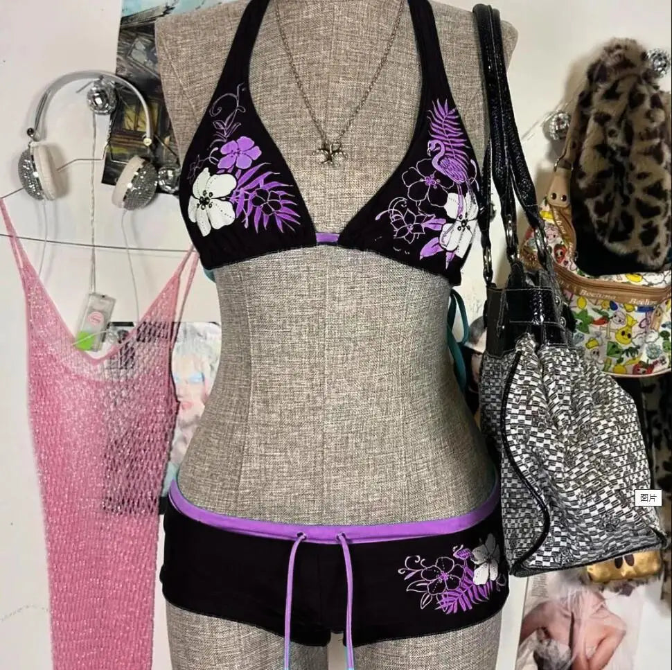 Sexy Floral Print Lace-Up Backless Bikini Set - High Waist Two-Piece Swimsuit (S-L)