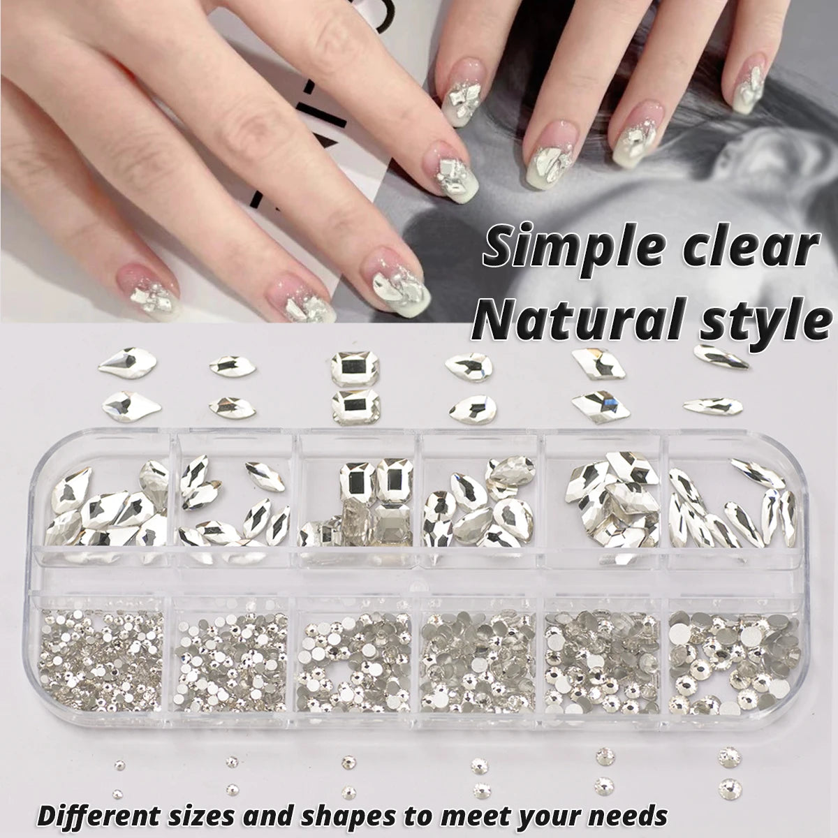12-Grid Clear Crystal Nail Art Rhinestones Set - 780 Pieces Mixed Sizes 3D Glitter Gems for Professional Nail Decoration
